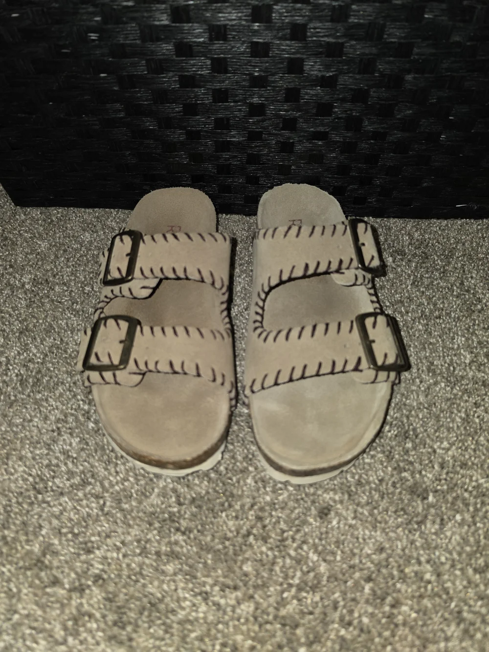 Double-Buckle Suede Slide Sandals in Beige